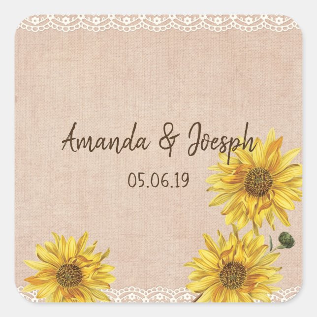 Rustic Lace & Burlap Sunflowers Wedding Stickers (Front)