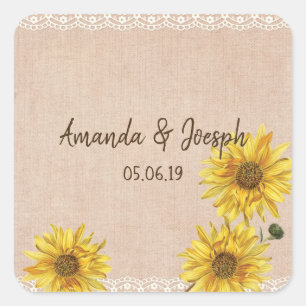 Rustic Lace & Burlap Sunflowers Wedding Stickers