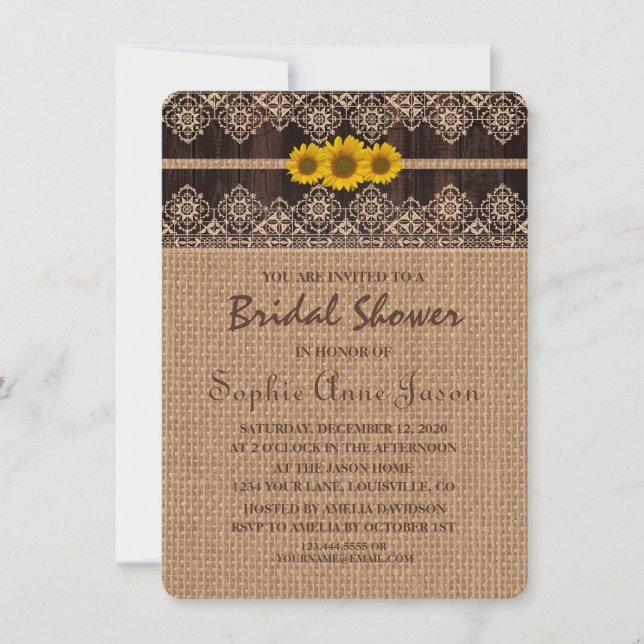 Rustic Lace Burlap Wood Bridal Shower Invitation (Front)