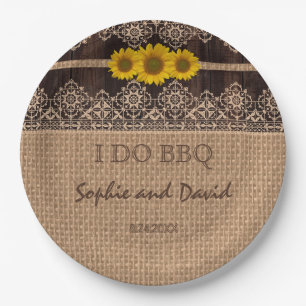 Rustic Lace Burlap Wood I DO BBQ Paper Plate