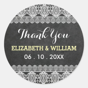 Rustic Lace & Chalkboard Wedding Thank You Yellow Classic Round Sticker