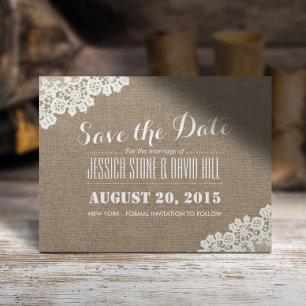 Rustic Lace Corner Burlap Wedding Save the Date Announcement Postcard