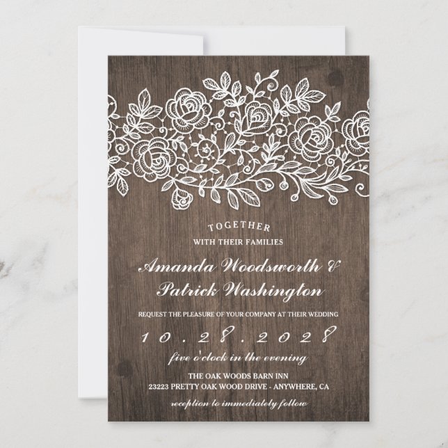 Rustic Lace Country Barn Wood Wedding Invitations (Front)
