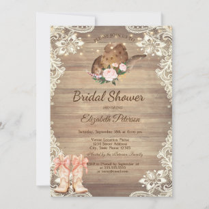 Rustic  Lace Cowboy Hat Boots Bow Bridal Shower Invitation