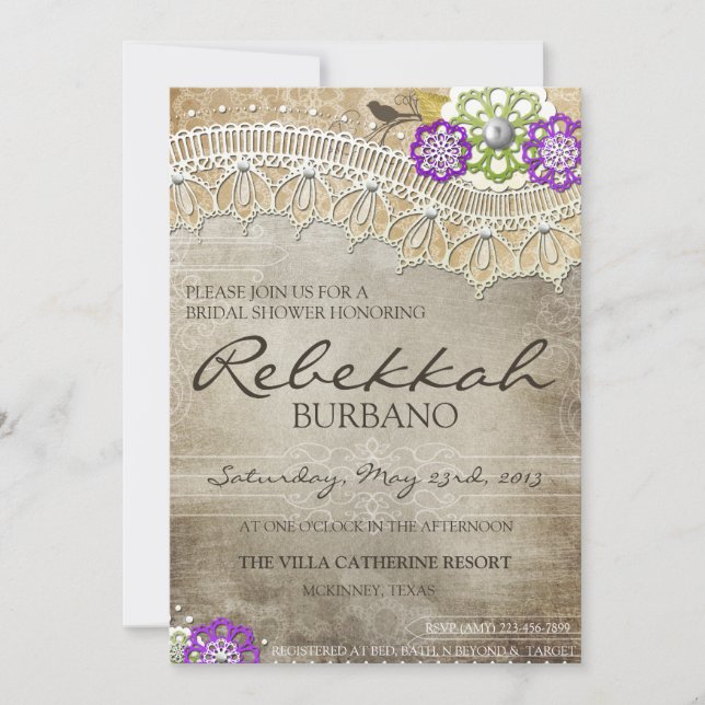 Rustic Lace Distressed Bridal Shower Invite (Front)