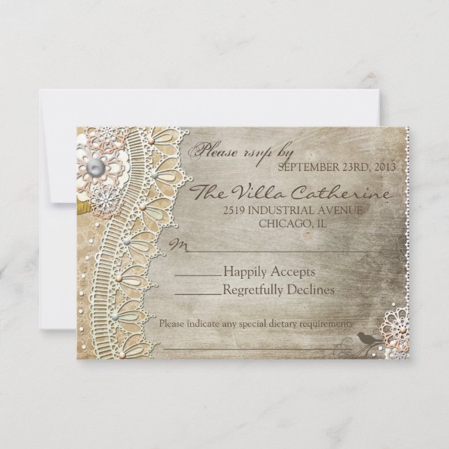 Rustic Lace Distressed Wedding Reception RSVP Card (Front)