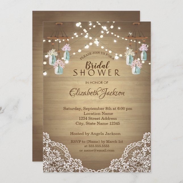 Rustic Lace, Floral Mason Jar, String Lights Invitation (Front/Back)