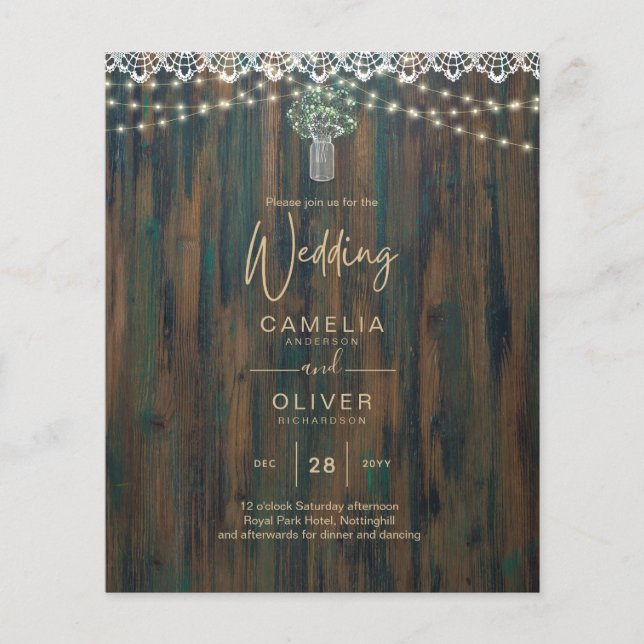 Rustic Lace Gypsophila Lights Mason Jar Wedding Flyer (Front)