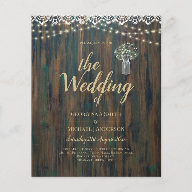 Rustic Lace Gypsophila Lights Mason Jar Wedding Flyer (Front)