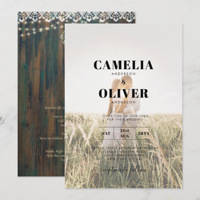 Rustic Lace Gypsophila Lights Mason Jar Wedding Invitation (Front/Back)