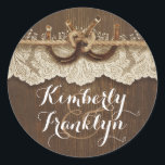 Rustic Lace Horseshoes Country Brown Wedding Classic Round Sticker<br><div class="desc">rustic country horseshoes couple wood and lace wedding stickers</div>