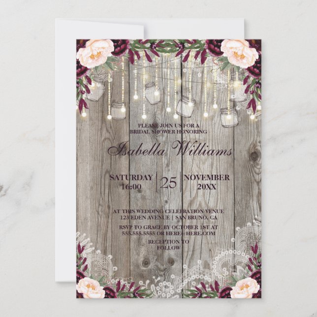 Rustic Lace Jar Wood String Lights |Bridal Shower Invitation (Front)