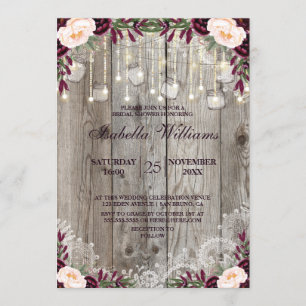 Rustic Lace Jar Wood String Lights  Bridal Shower Invitation