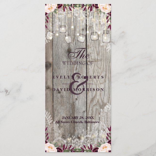 Rustic Lace Jar Wood String Lights Wedding Program (Front)