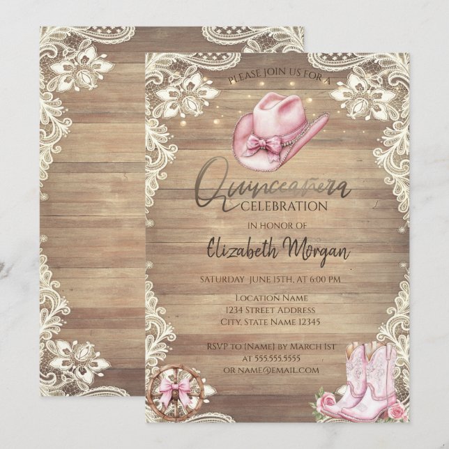 Rustic Lace,Lights Cowgirl Boots Hat Quinceañera Invitation (Front/Back)