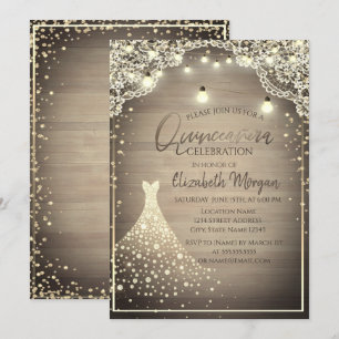 Rustic Lace,Lights,Wood Diamonds Dress Quinceañera Invitation