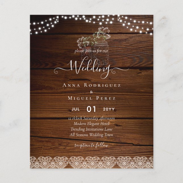 Rustic Lace Mason Jar Lights Gypsophila Wedding Flyer (Front)