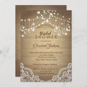 Rustic Lace, Mason Jar, String Lights Invitation