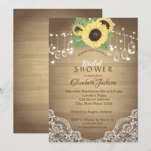 Rustic Lace, Mason Jar, String Lights, Sunflower Invitation