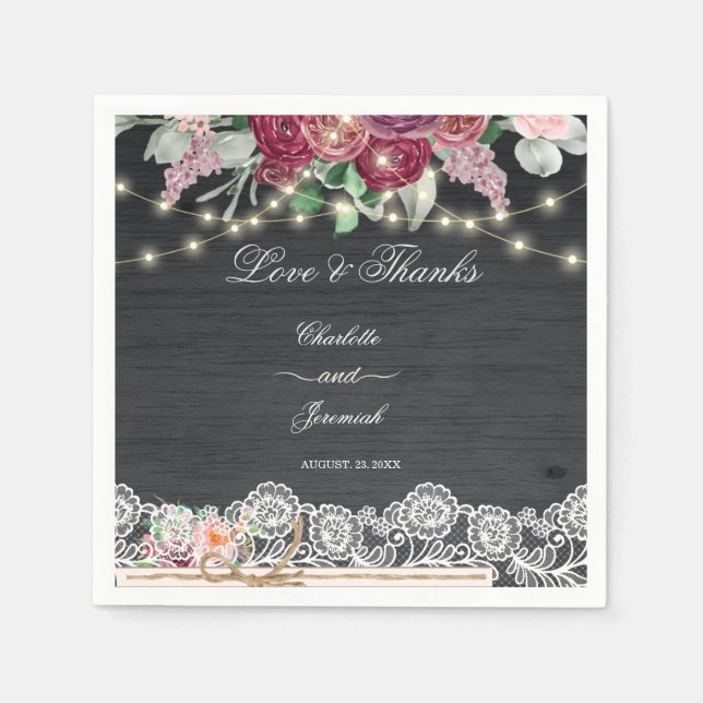 Rustic Lace Mason Jar String Lights Wedding Napkin (Front)