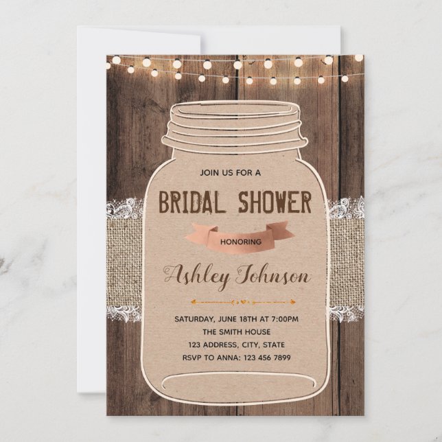 Rustic lace mason jar theme party invitation (Front)