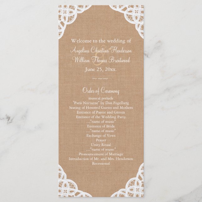 Rustic Lace & Medium Burlap Wedding Program (Front)
