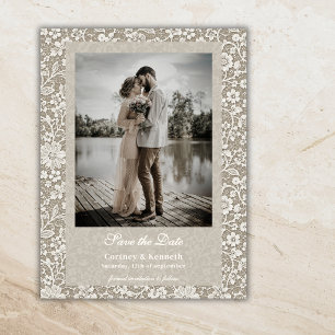 Rustic Lace Photo Beige Wedding Save The Date Postcard