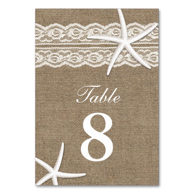Rustic Lace & Starfish Burlap Table Numbers (Front)