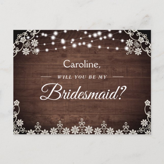 Rustic Lace String Light Will You Be My Bridesmaid Invitation Postcard (Front)