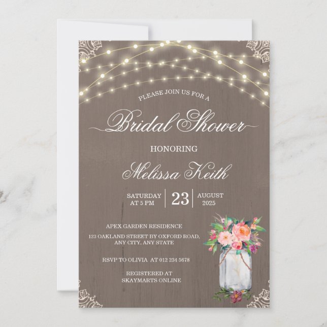 Rustic Lace String Lights Mason Jar Bridal Shower Invitation (Front)