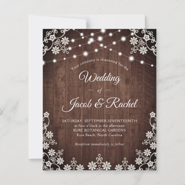 Rustic Lace & String Lights Wedding Invitation (Front)