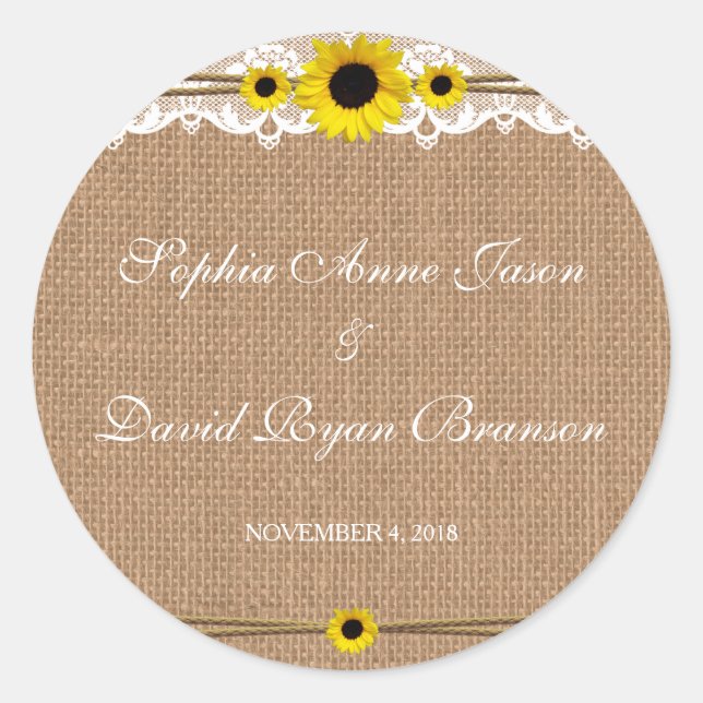 Rustic Lace, Sun Flowers, Burlap Wedding Custom Classic Round Sticker (Front)