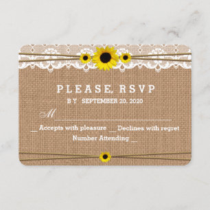 Rustic Lace, Sun Flowers, Burlap Wedding RSVP Card