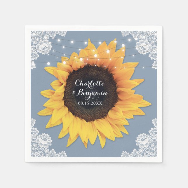 Rustic Lace Sunflower Dusty Blue Wedding Napkin (Front)