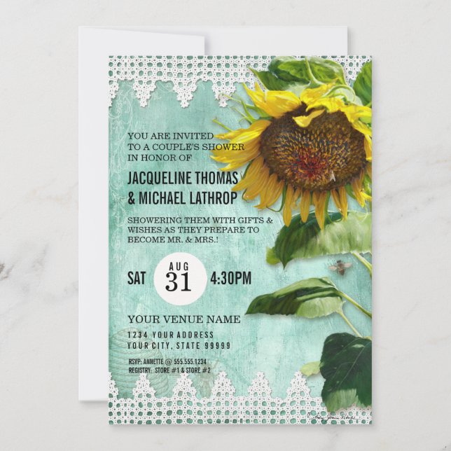 Rustic Lace Sunflower Wood Bees Botanical Garden  Invitation (Front)
