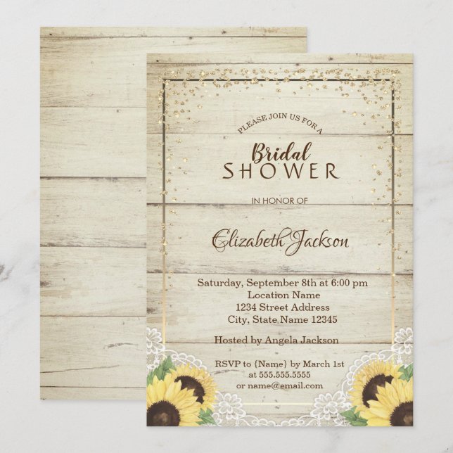 Rustic Lace, Sunflowers,Diamonds Bridal Shower Invitation (Front/Back)