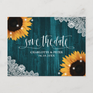 Rustic Lace Teal Sunflower Wedding Save The Date Postcard