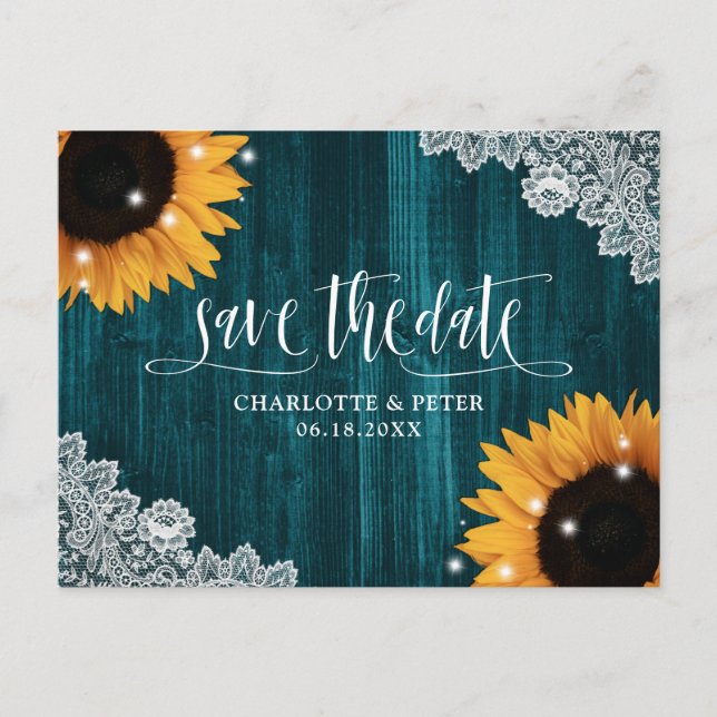 Rustic Lace Teal Sunflower Wedding Save The Date Postcard (Front)