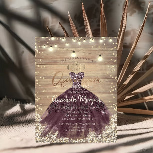 Rustic Lace,Tiara,Lights,Dress,Wood Quinceañera Invitation
