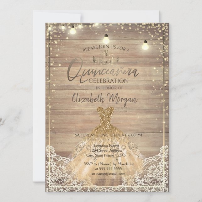 Rustic Lace,Tiara,Lights,Dress Wood Quinceañera Invitation (Front)