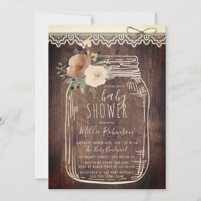 Rustic Lace & Twine | Floral Mason Jar Baby Shower Invitation (Front)