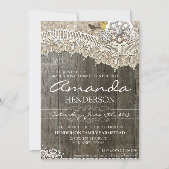Rustic Lace Wood Graduation  Invitation (Front)