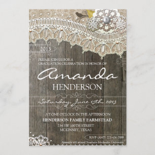 Rustic Lace Wood Graduation  Invitation