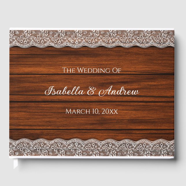 Rustic Lace Wood Pattern Wedding Guest Book (Front)
