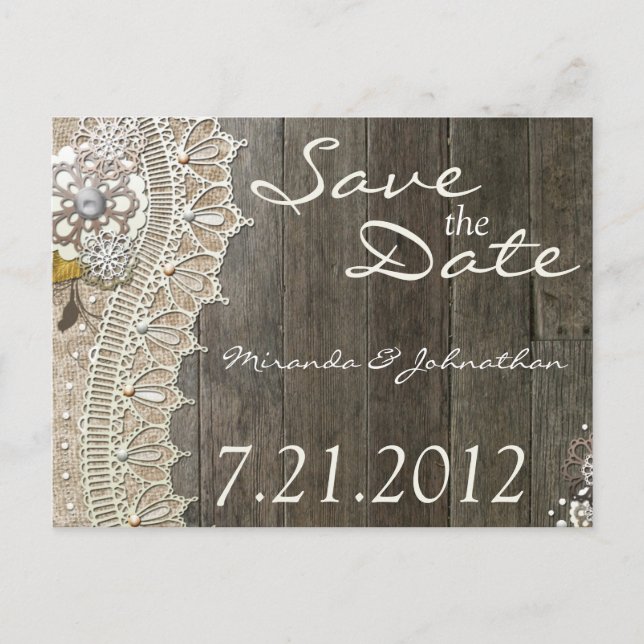 Rustic Lace Wood Save the Date Postcards (Front)