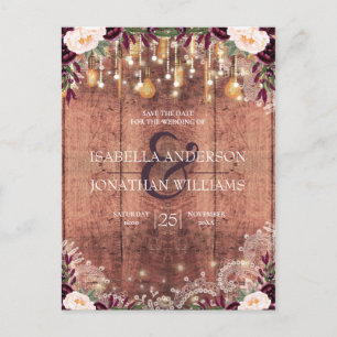 Rustic Lace Wood String Lights Save the Date Announcement Postcard