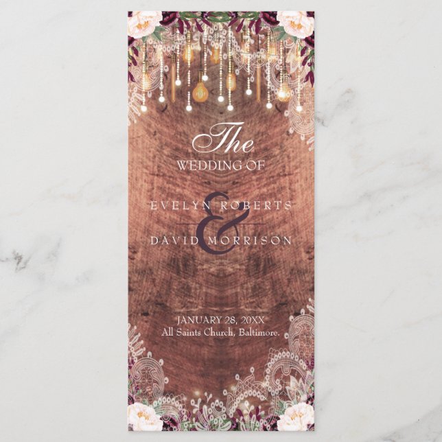 Rustic Lace Wood String Lights Wedding Program (Front)