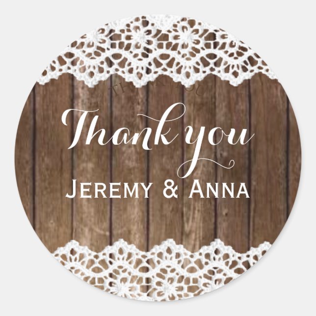 Rustic lace wood thank you wedding sticker (Front)