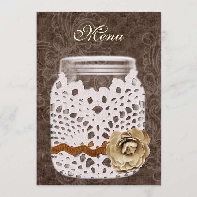 Rustic Lace Wrapped Mason Jar Wedding Menu (Front)