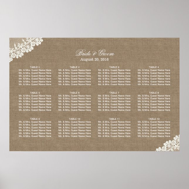 Rustic Laced Corner Burlap Wedding Seating Chart (Front)